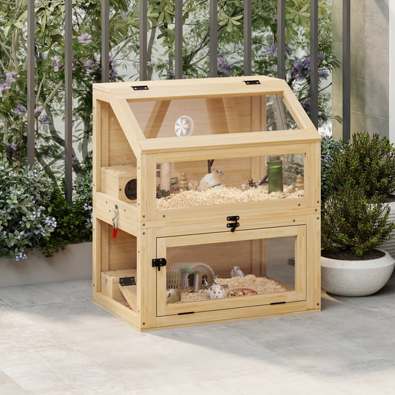 COZIWOW 2-Tiers Wood Hamster Cage with Hideouts, Ramps, Acrylic Window, Door Access for Small Animals, Natural