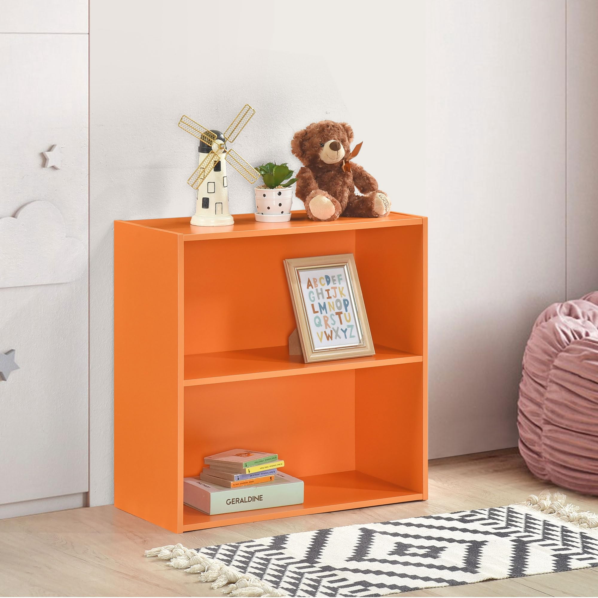Kings Brand Furniture George 2-Tier Bookcase Storage Organizer - Wooden Shelf Organizer for Bedroom, Nursery, School or Home Office (Orange)