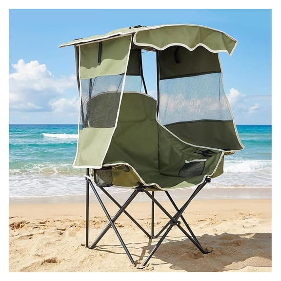 Camping Chair with Canopy, Folding Camping Chair with 3-Sided UPF 50 Sun Protection, Portable Outdoor Chair with Cooler Bag & Cup Holder for Beach, Camping, Sports, Fishing, Support 330 LBS