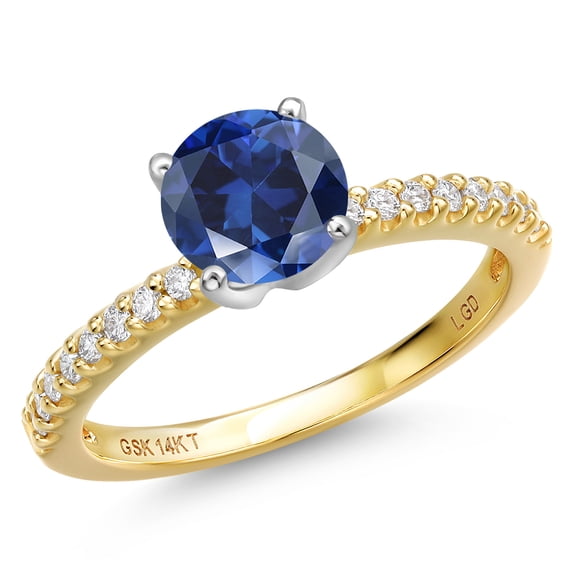 Gem Stone King 14K Two Tone Gold Blue Created Sapphire and Lab Grown Diamond Engagement Ring for Women | 1.76 Cttw | Round 7MM | Gemstone September Birthstone | Size 9