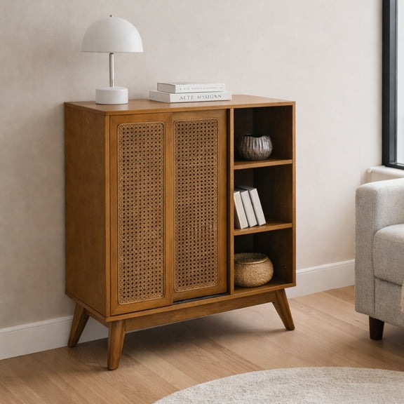 GOMYHOME Mid-Century Rattan Sideboard Storage Cabinet with Open Shelves, Walnut Finish