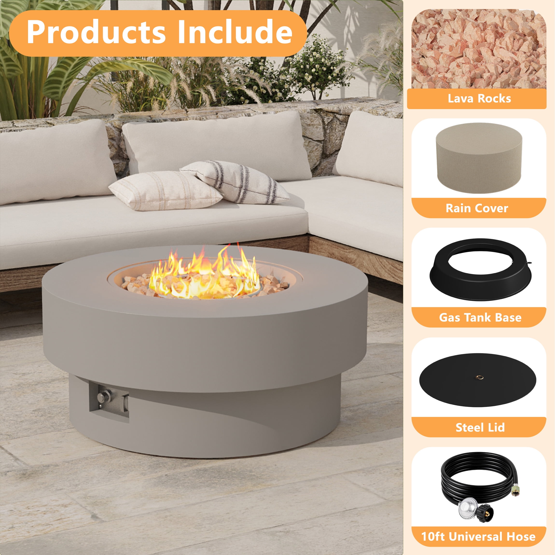 Wakeyard 32.5 inch Round Propane Fire Pit Table, 50000 BTU, Includes Lava Rock,Gray