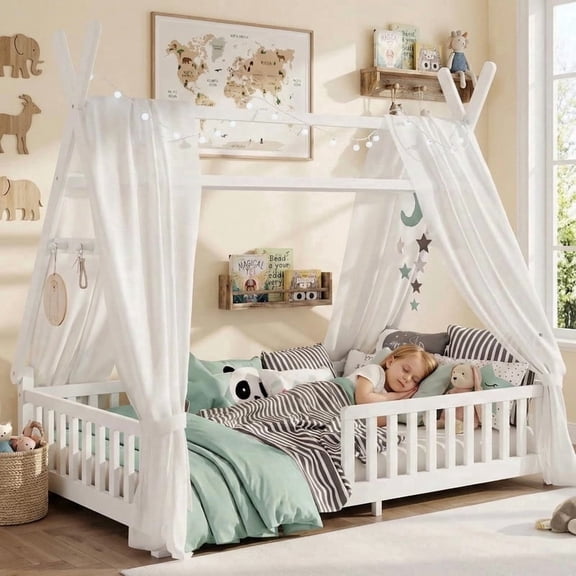 Mirightone Wood Twin Floor Bed with Rails and Removable Roof, Teepee Bed Montessori Bed with LED Light and Slats - White