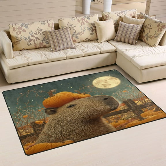 Non-Slip Area Rug 31"x20" Indoor Washable Floor Mats Carpet Printed for Living Room, Bedroom, Home Decor Capybara with A Pumpkin