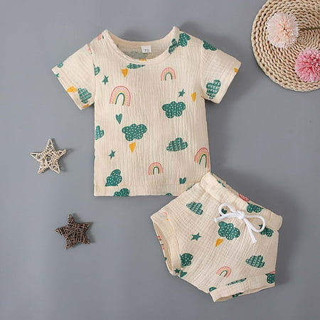 

Tejiojio Girls and Toddlers Soft Cotton Clearance Toddler Boys Girls Short-sleeve Rainbow Cactus Print Top + Shorts Children Two-piece Set