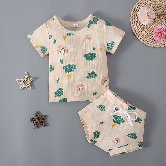 SDJMa Toddler Boys Girls Short-sleeve Rainbow Cactus Print Top Shorts Children Two-piece Set