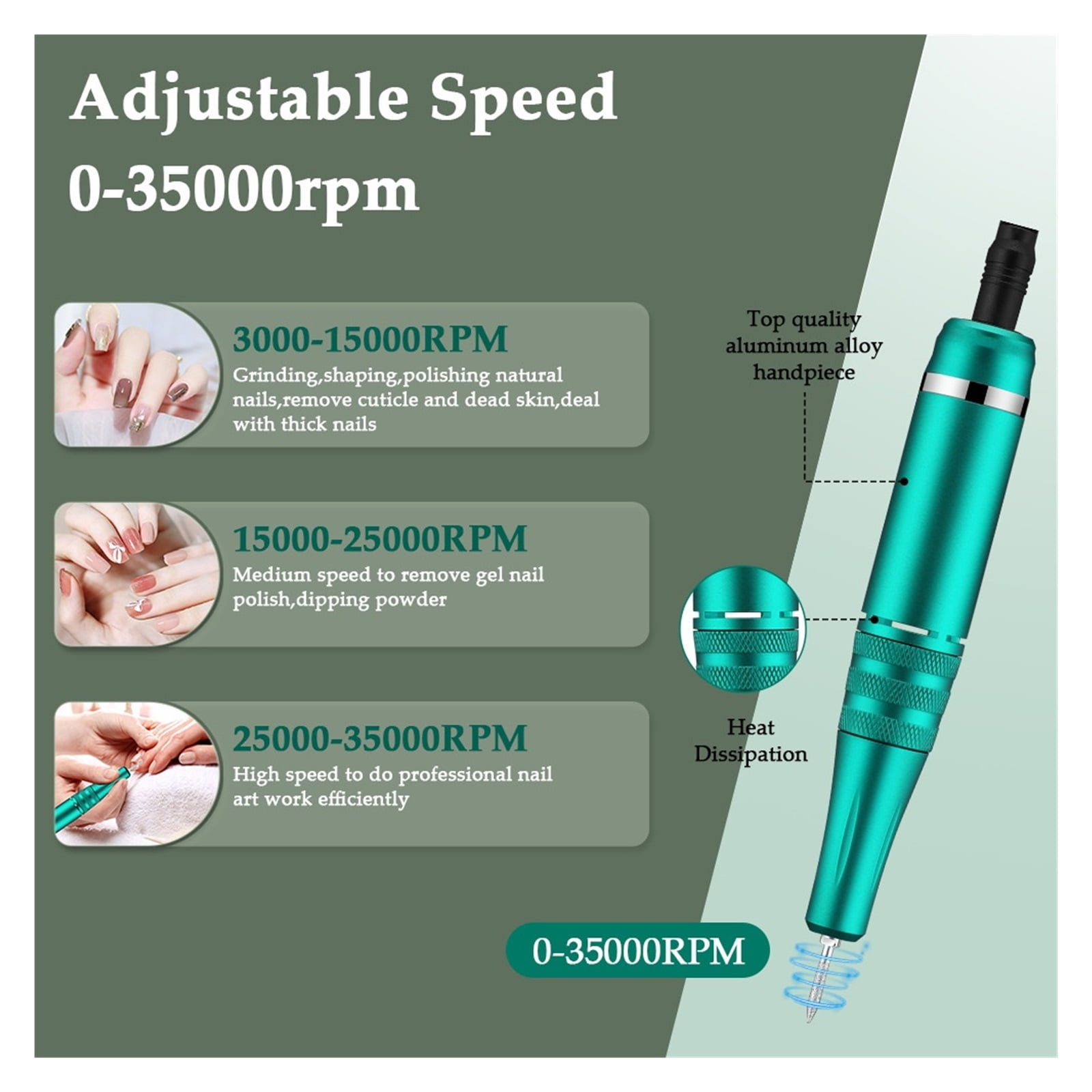 Electric Nail Drill Machine, 35000RPM Manicure Milling Cutter Set, Retro Green Electric Nail Pedicure File For Gel Polish