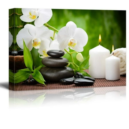 Giclee Print Wood Print - Canvas Prints Wall Art - Zen Basalt Stones and Orchid on The Wood | Modern Wall Decor/Home Decor Stretched Gallery Canvas Wraps Giclee Print & Ready to Hang - 12