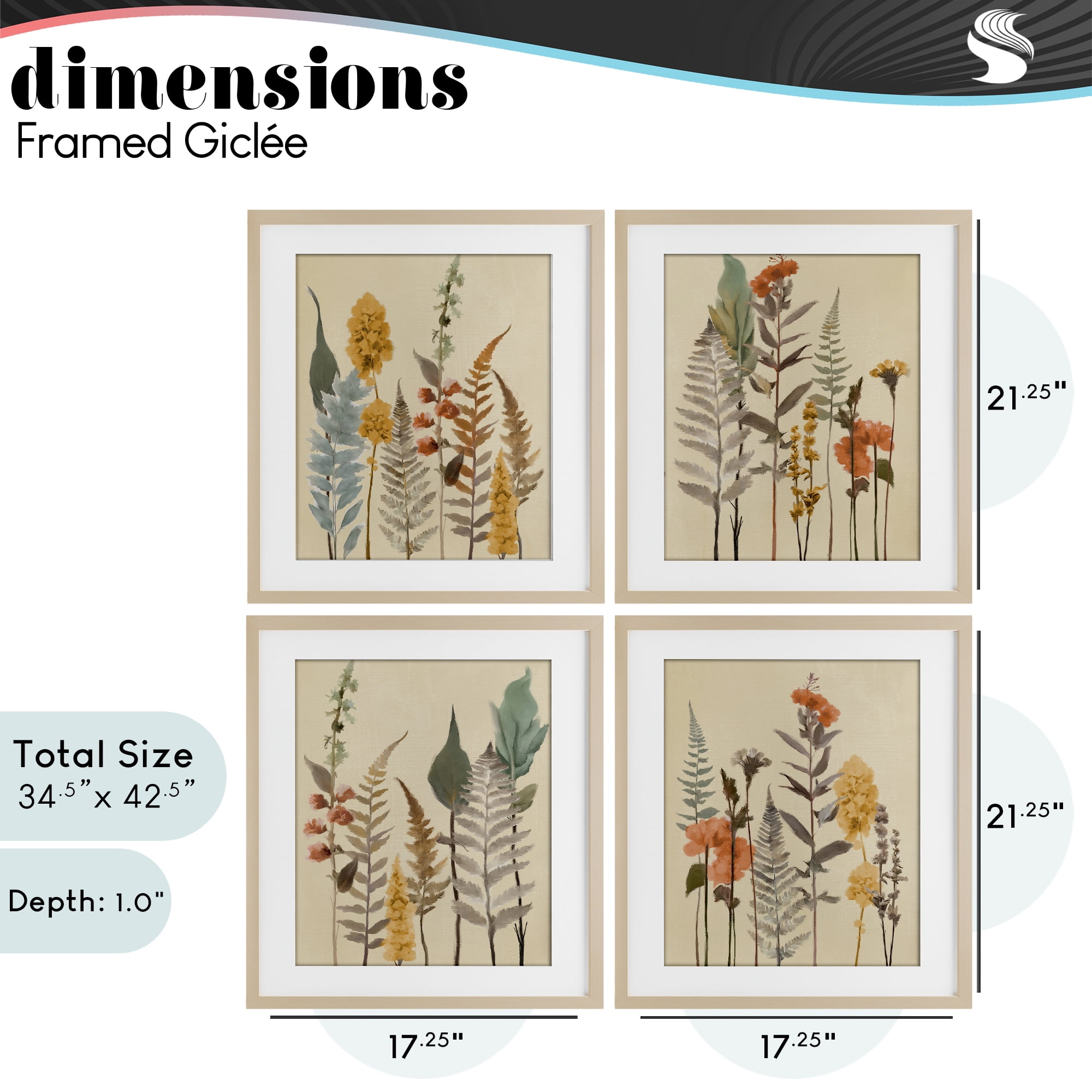 Stupell Industries Wispy Earthy Botanicals 4 Piece Birch Framed Print Under Glass Set, design by Elizabeth Medley