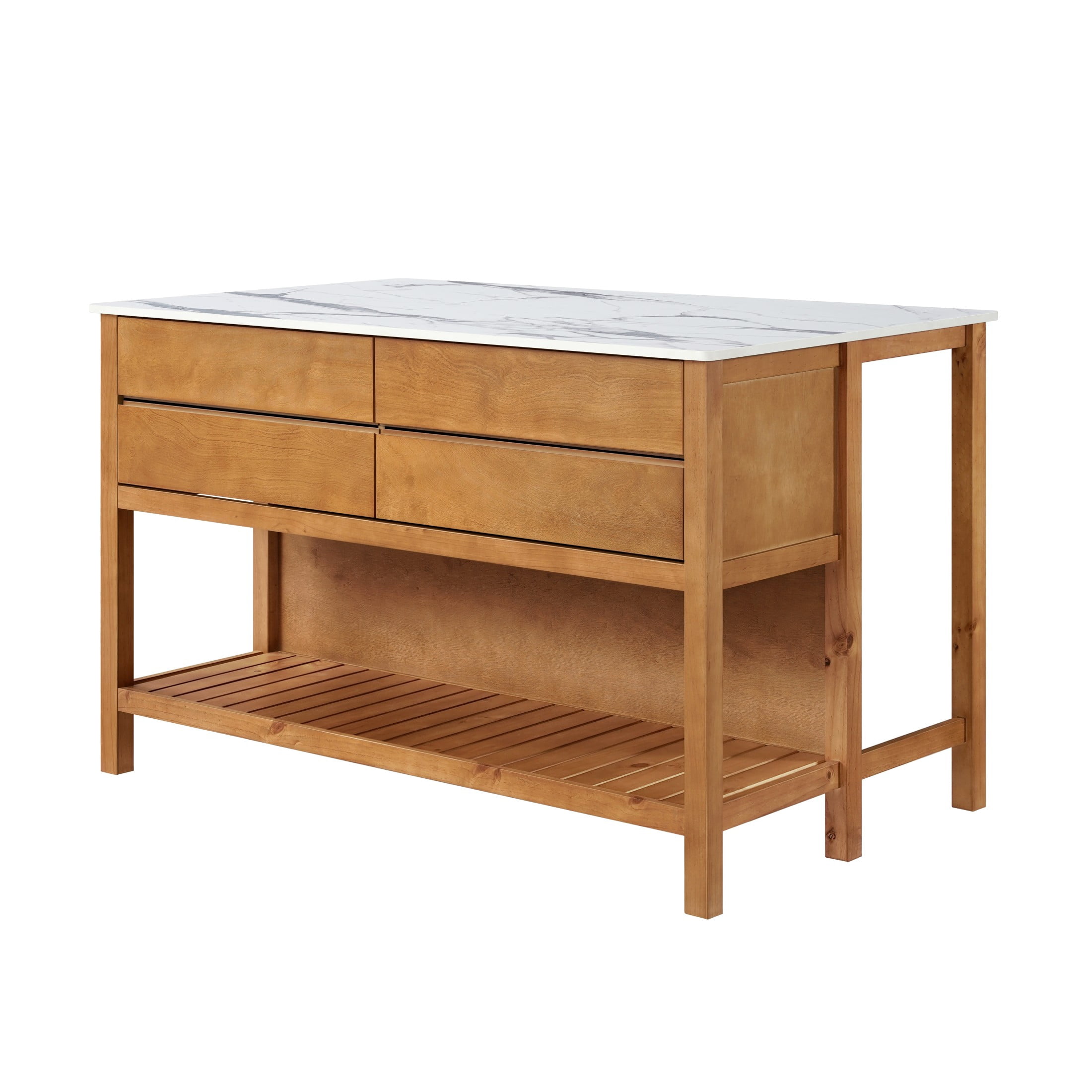 Christopher Knight Home 57" Kitchen Island Cabinet, Solid Wood with Marble Veneer Top, Natural+White