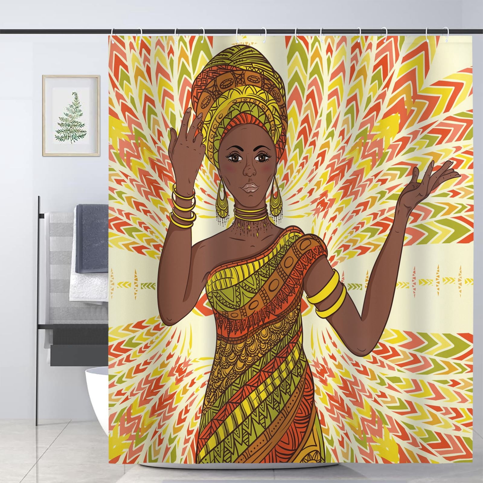 JOOCAR African Woman Shower Curtain for Bathroom Decoration Fabric Shower Curtain set with 12