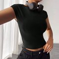 thumbnail image 3 of Blusa de manga corta de punto para mujer, elegante, de color liso, ajustada, con cuello redondo, para citas, color negro, L, 3 of 6