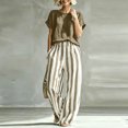 thumbnail image 5 of Womens Casual 2 Piece Outfit Round Neck Solid Tee Striped Pocket Elastic Waist Loose Long Pants Khaki XXL(XXL), 5 of 6