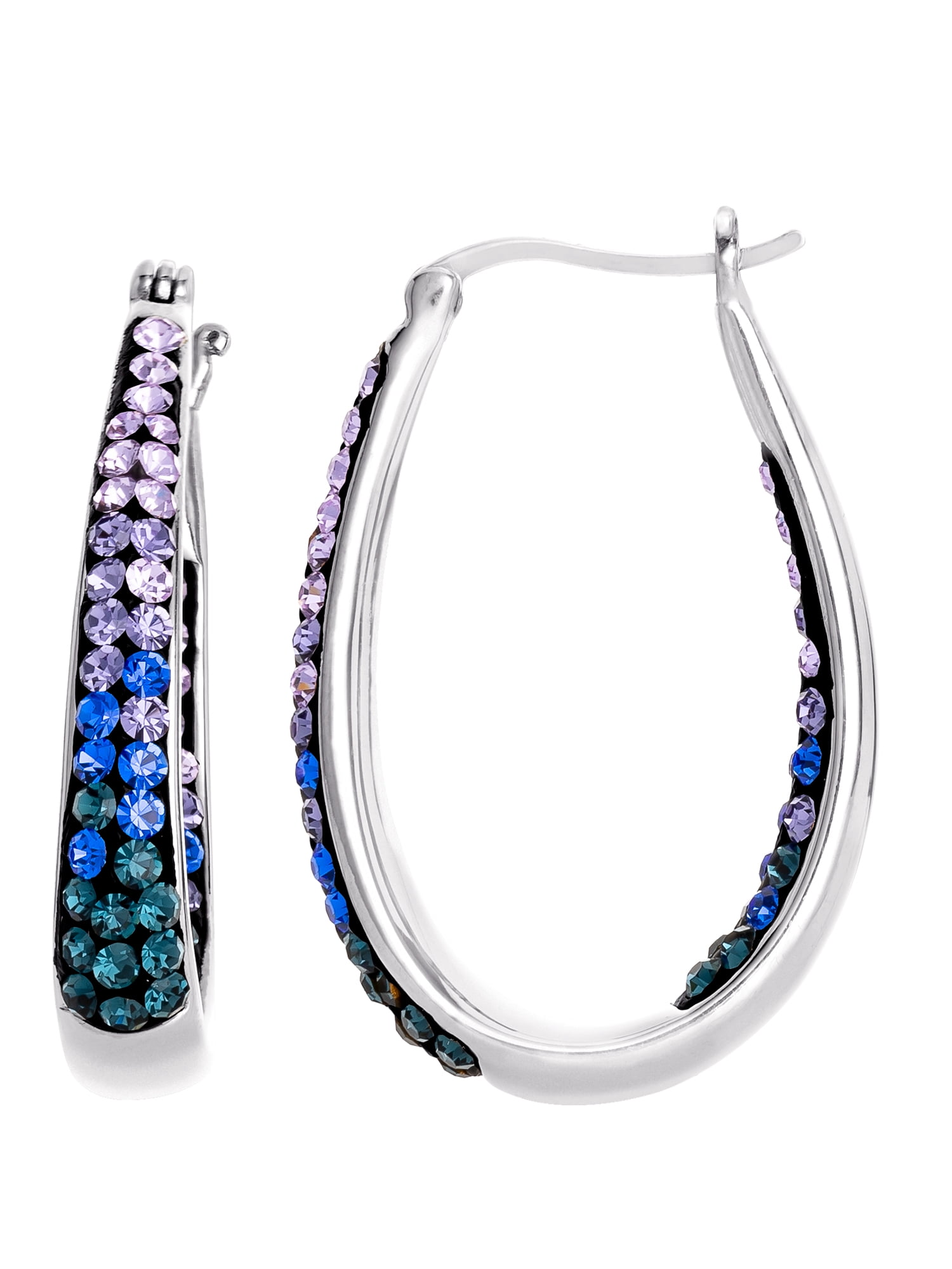 Brilliance Women's Sterling Silver Multi Blue Crystal Hoop Earrings
