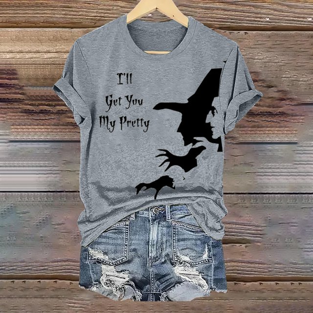 XMHJSMD T-Shirt Col Rond Imprimé Sorcière Halloween pour Femmes (Gris, TTG)
