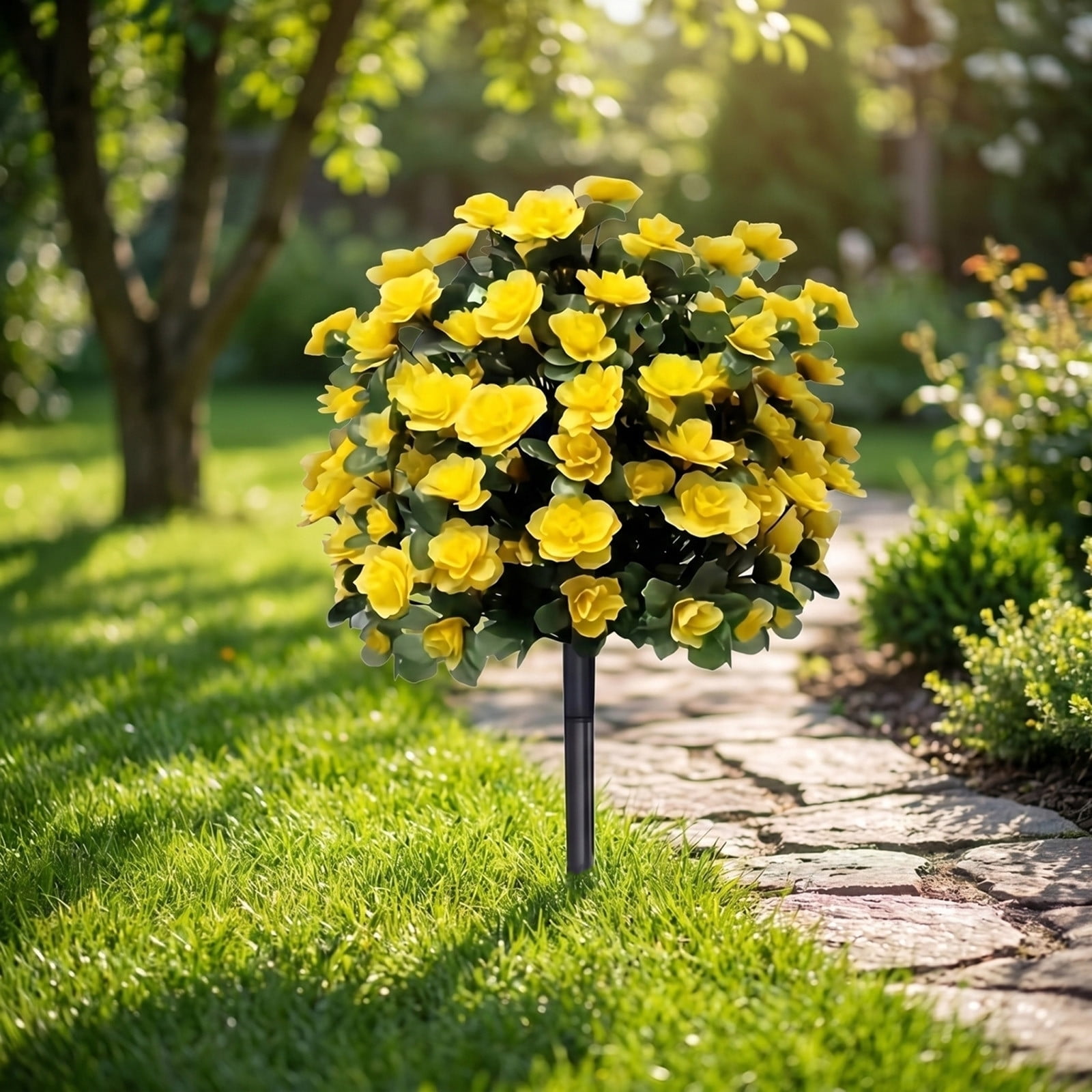 MMJ Artificial Flower Ground Stake Yellow Azalea 20in for Outdoor Garden Patio Decor 20in