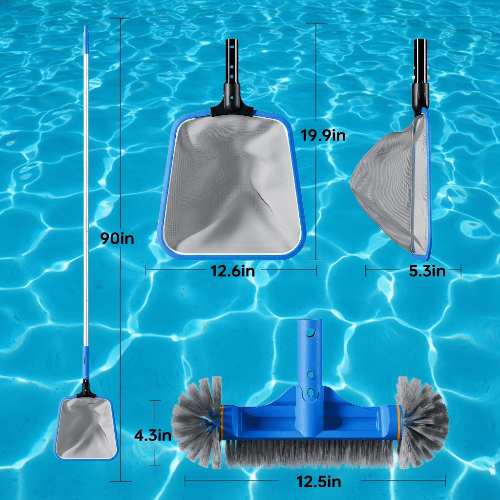 WaterJingle 3-in-1 Pool Cleaning Kit with 70.5" Adjustable Pole, Semi-Deep Skimmer Net & 12" Round Brush - Heavy Duty Maintenance Set for Above Ground Pools