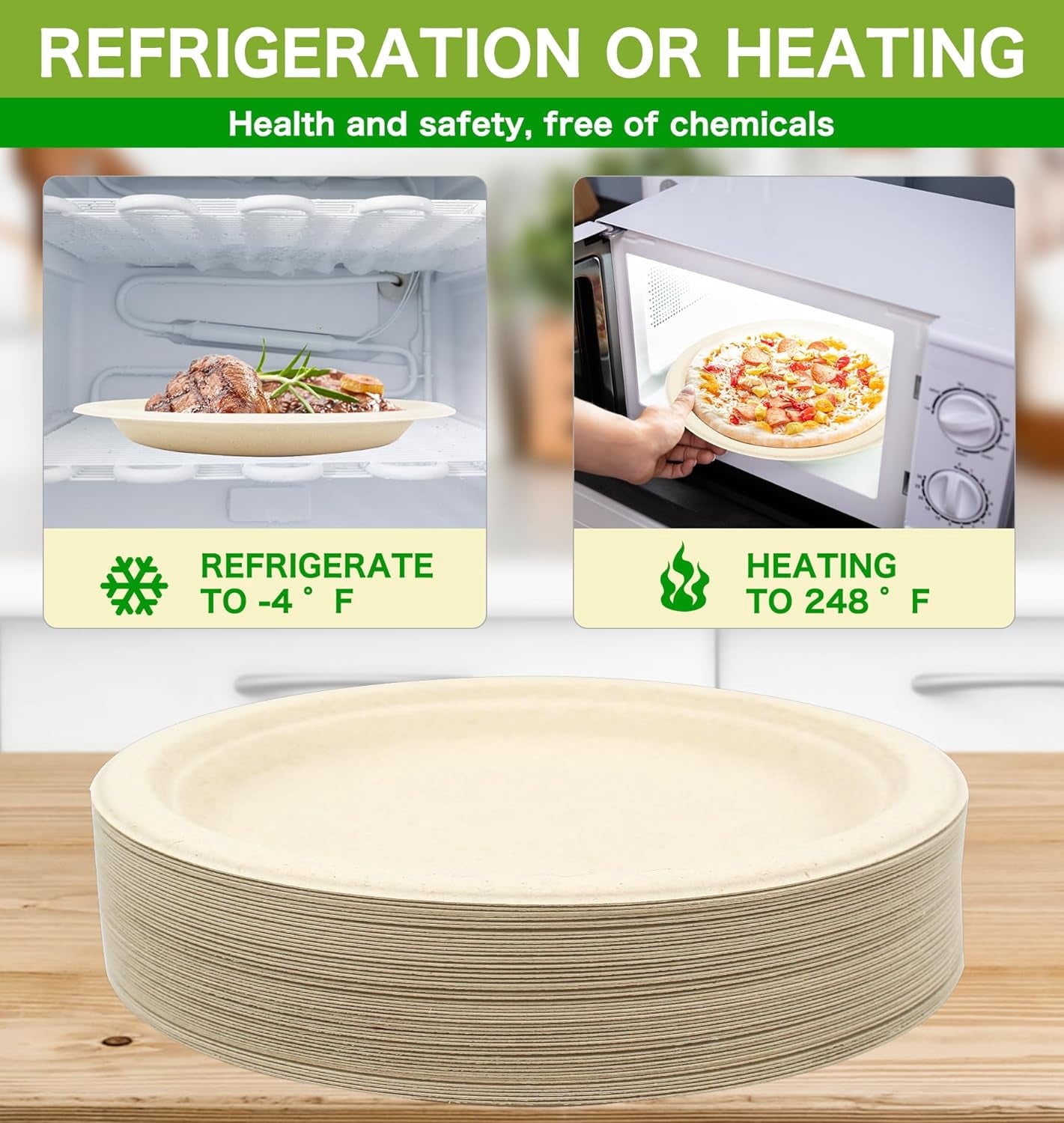 100% Compostable Disposable Paper Plates Heavy Duty Waterproof Plates-50 Pack 10 inch Eco-Friendly Plates, Natural Biodegradable Sugarca Bagasse Dinner Plates Unbleached Brown