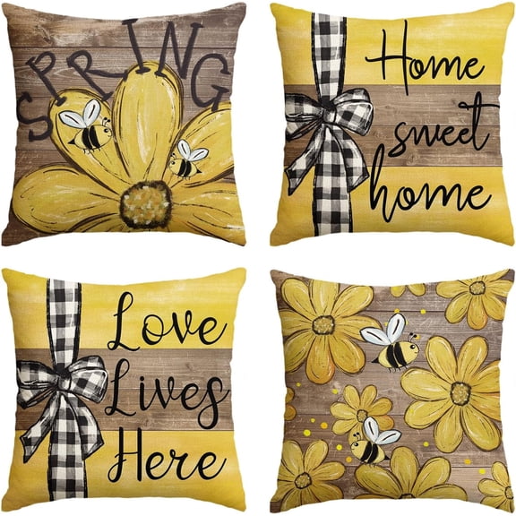 Spring Home Sweet Home Bee Sunflower Throw Pillow Covers, 18 x 18 Inch Love Lives Here Summer Stripes Polka Dots Cushion Case for Sofa Couch Set of 4