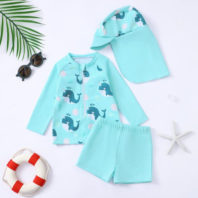 Product Classification Boys Swimwear Set Featuring Dinosaur Print Long Sleeve Rash Guard Swim Shirt with Swim Trunks and Hat for Summer Beach Pool