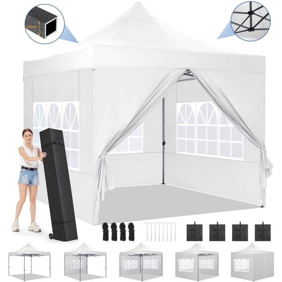 SANOPY 10' x 10' Outdoor Pop-Up Canopy, Heavy Duty Commercial Tent, Instant Folding Beach Party Gazebo with 4 Removable Sidewalls & 4 Sandbags & Rolling Bag for Easy Carrying (White)