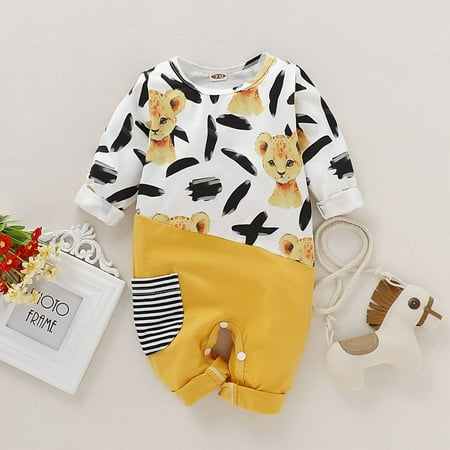 

Baby onesie Newborn Infant Baby Girls Boys Cartoon Animals Stitching Stripe Pocket Jumpsuit Fragarn