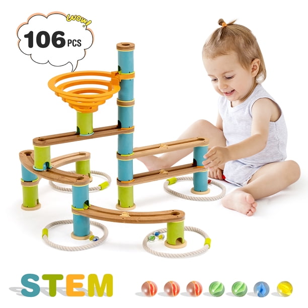 Costway Set regalo de bambú, set construcciones 111 piezas STEM con canicas, incluye rampas y pistas, regalo perfecto para niños y niñas, set juguete educativo para niños +4 años