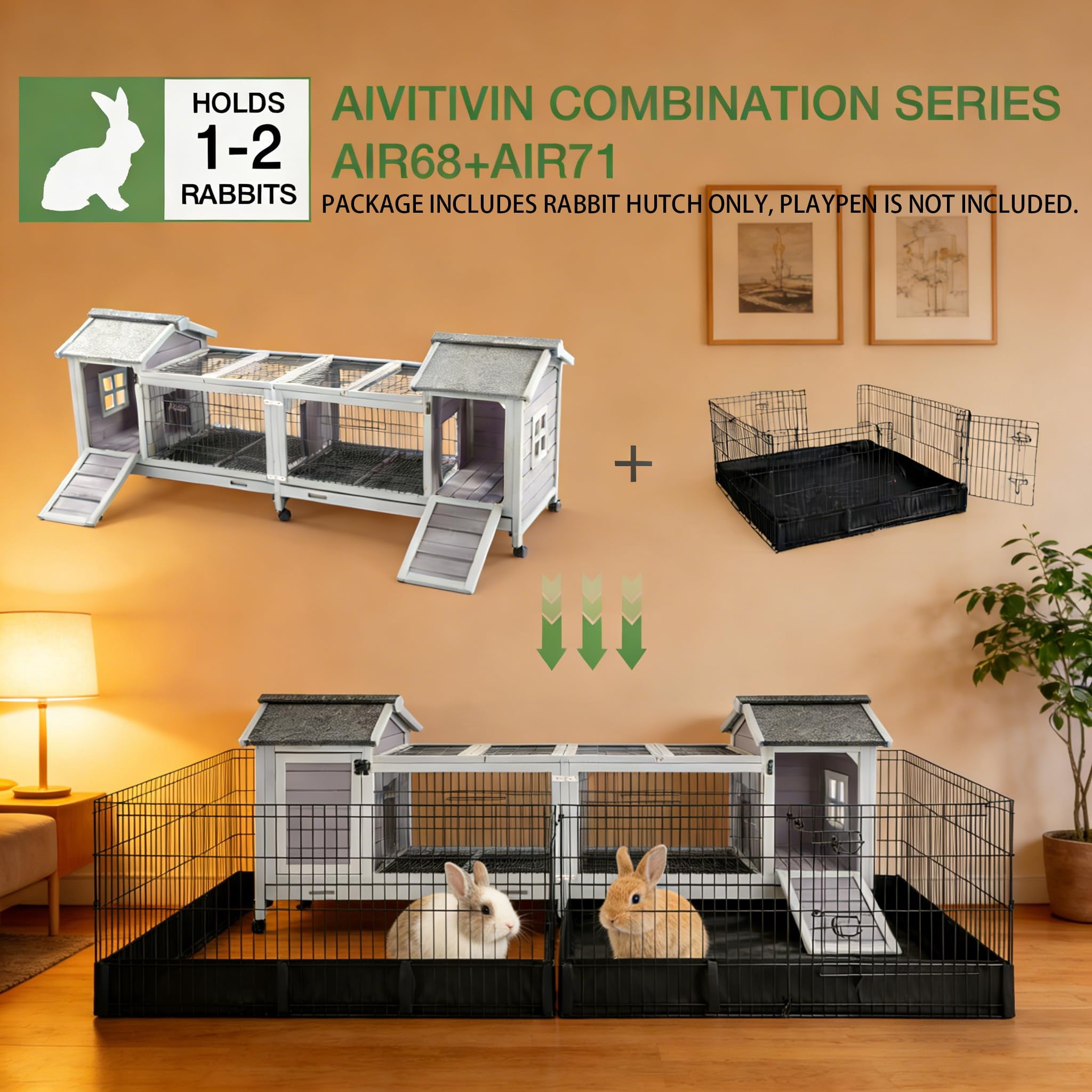 Aivituvin Rabbit Hutch Indoor Outdoor, Large Bunny Cage with Double House and Run, 10.4 ft² Guinea Pig House, Upgrade Deeper No-Leak Trays, On Wheels for Easy Moving