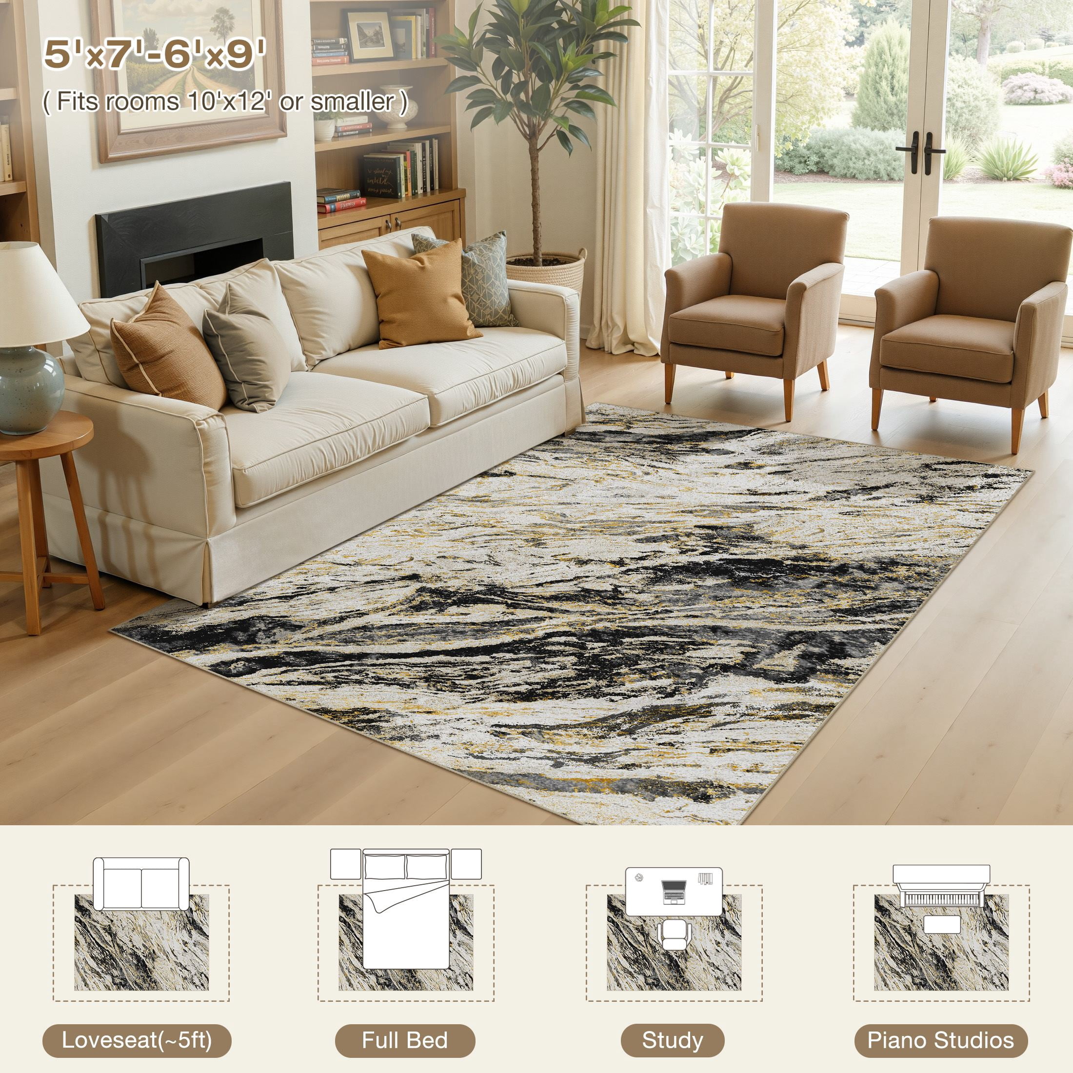 MICGEEK 6x9 Washable Area Rugs for Living Room, Modern Abstract Printed Rug, Vacuum-Friendly, Non Slip Indoor Rug for Bedroom Dining Room Home Decor Carpet, Black/Gold