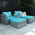 thumbnail image 2 of 5 Piece Wicker Bistro Set, SEGMART Outdoor Conversation Set with Coffee Table, 2 Chairs, 2 Ottomans, 2 Pillows, Wicker Patio Furniture Set with Blue Cushions for Backyard, Porch, Garden, LLL367, 2 of 7