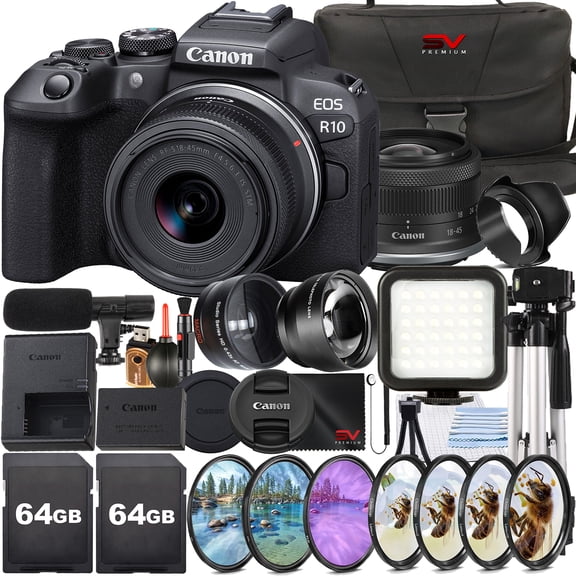 Canon EOS R10 Mirrorless Camera with RF-S 18-45mm Lens   2 Pack SanDisk 64GB Memory Card   Case   LED Flash   SV Premium Accessory Bundle