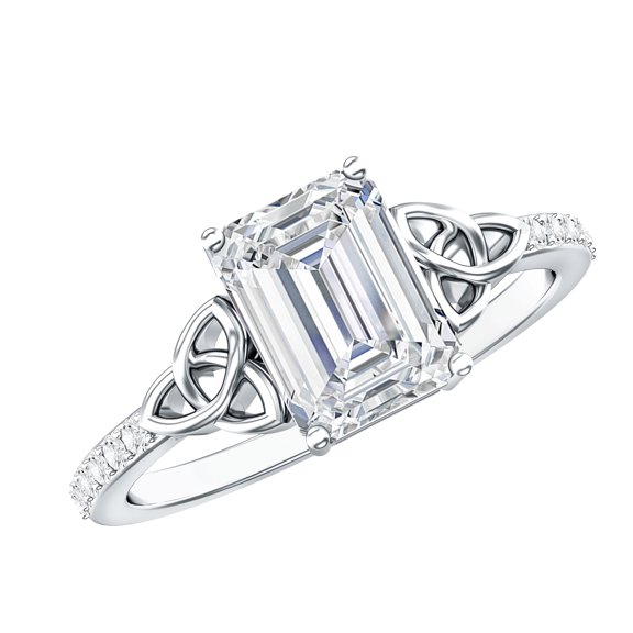 Rosec Jewels IGI Certified 2 Carat Lab Grown Diamond Emerald Cut Engagement Ring with Celtic Knot - E-VS1 Grade, 925 Sterling Silver, US 4.00