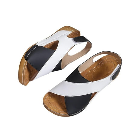Winter Savings Holiday Deals 2024! Antqov Womens Sandals Comfortable Sandals for Women Flats Fashion Women Patchwork Casual Beach Summer Slippers Plus Size Sandals Shoes Black 10