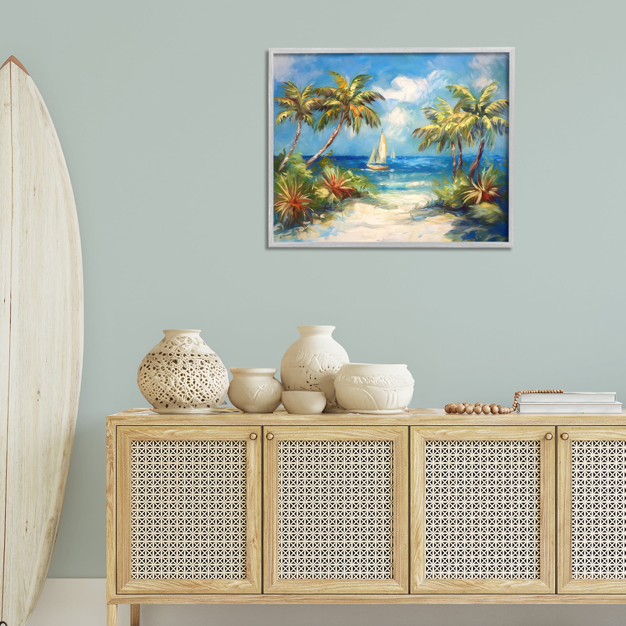 Stupell Industries Tropical Paradise Harbor Coastal Painting Gray Framed Art Print Wall Art, 30 x 24