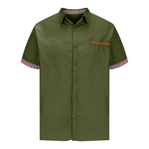 Camisas Elvqul Hombre Casuales a Rayas Manga Corta Verde del Ejército Abotonada con Solapa Polo