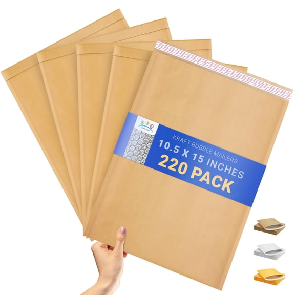 Kraft Bubble Mailer, Natural Brown Paper Material, Self Seal, 225 pack, 10.5 x 15 in