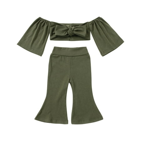 

Odeerbi Baby Boy Girl Clothes Toddler Outfit Fashion Erogenous Cute Solid Color Off Shoulder Bow Top Flared Pants Suit Olive Drab