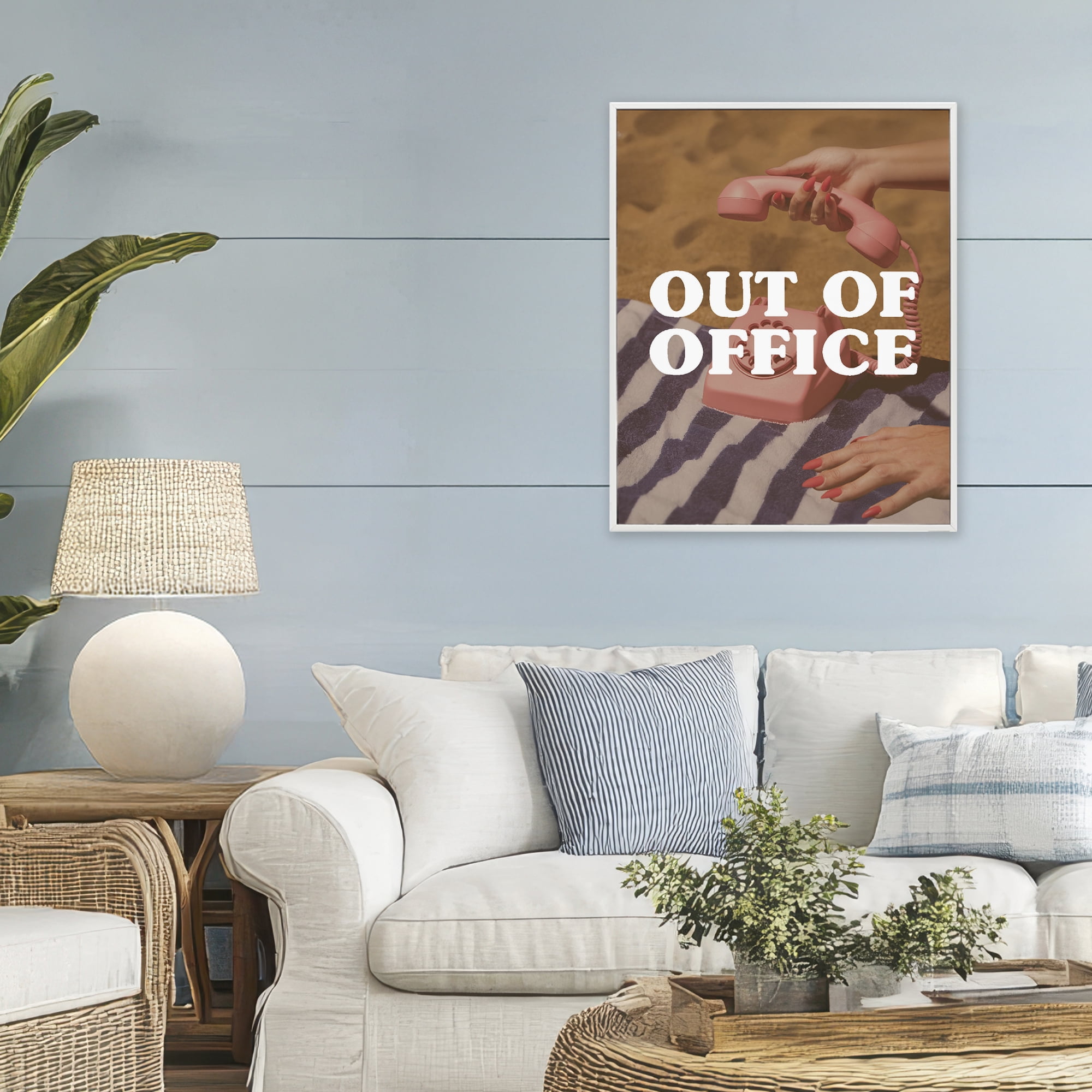 Out of Office Pink Phone White Framed Giclee Art, design by Lil' Rue