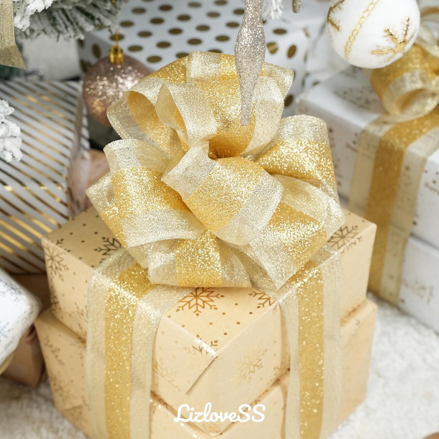 Champagne Gold Wired Ribbon with Gold Center Stripe 2.5" X 10 Yards Metallic Christmas Ribbon Wired for Tree Decoration, Wreaths & Garlands, Crafts Projects, Home Decor