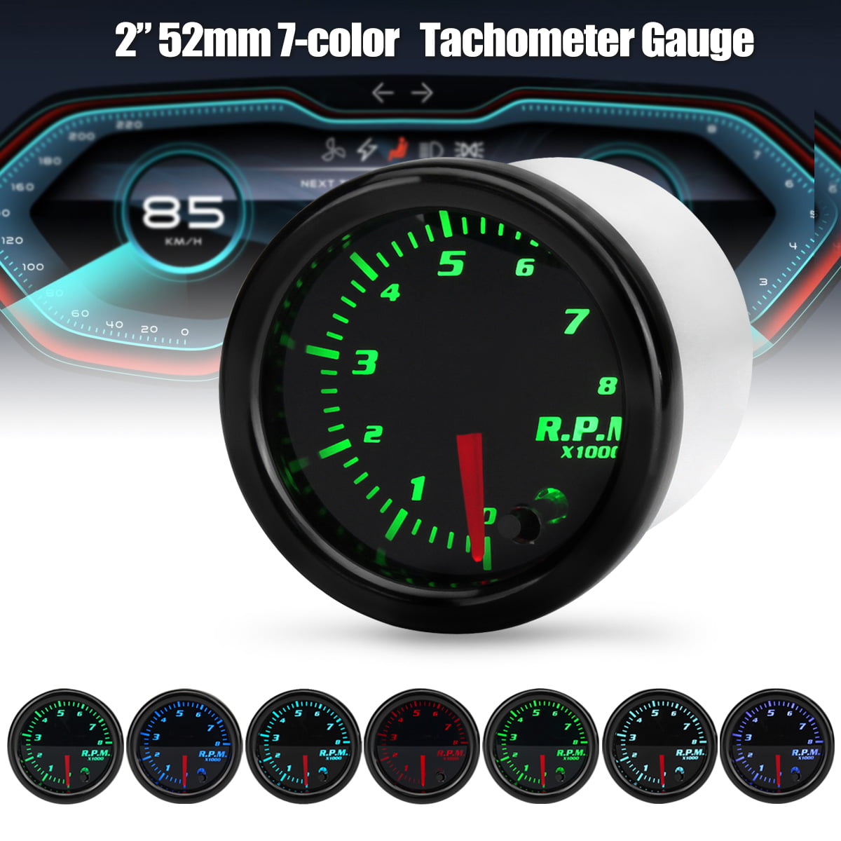 Universal 2 Inch 52mm Tachometer Tach RPM Gauge Digital 7 Color LED Display Car Meter
