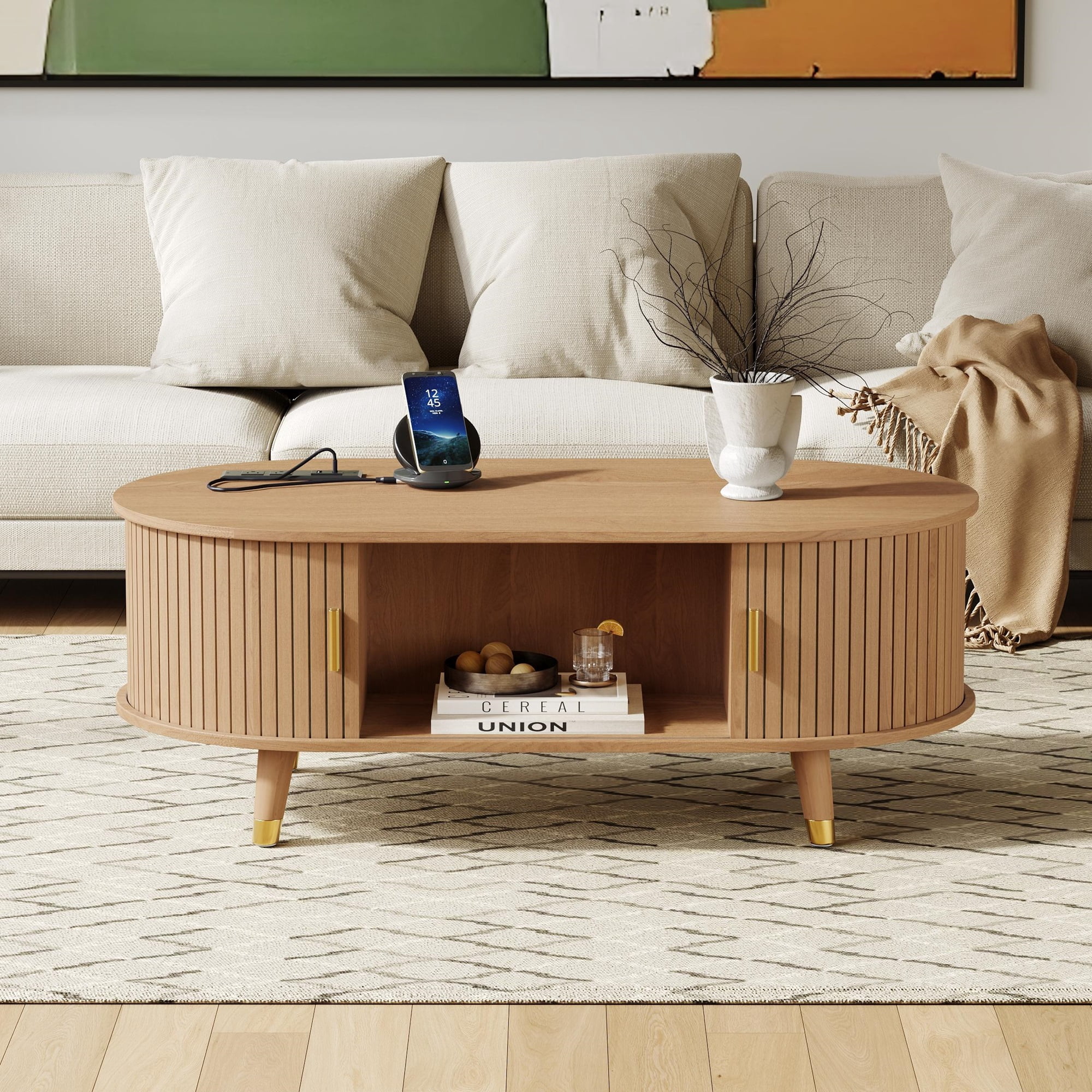 Euroco 42.5"W Wooden Oval Fluted Coffee Table with Charging Station, Mid-Century Center Table with Sliding Tambour Door,Farmhouse Cocktail Table for Living Room, Natural/Teak