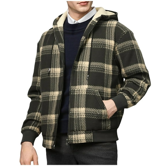 Mens Zip Up Fleece Flannel Jackets Shirt Plaid Cotton Hoodie Soft Thick Winter Warm Heavy Coat Sweatshirt with Hood