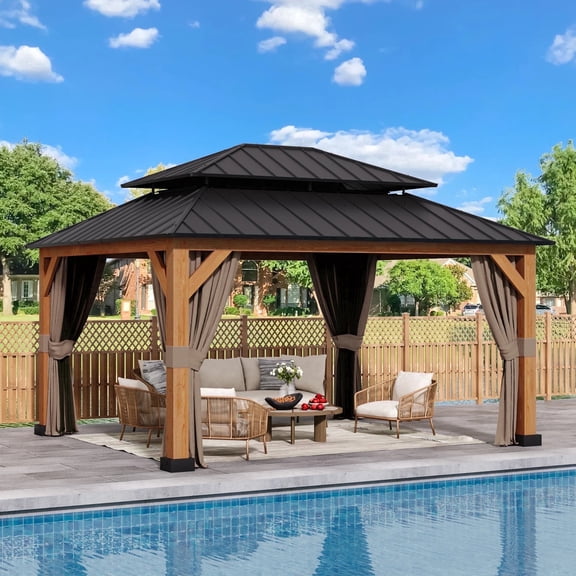15' x 13' Aluminum Hardtop Gazebo with Curtains & Screens, Double Roof Patio Pavilion