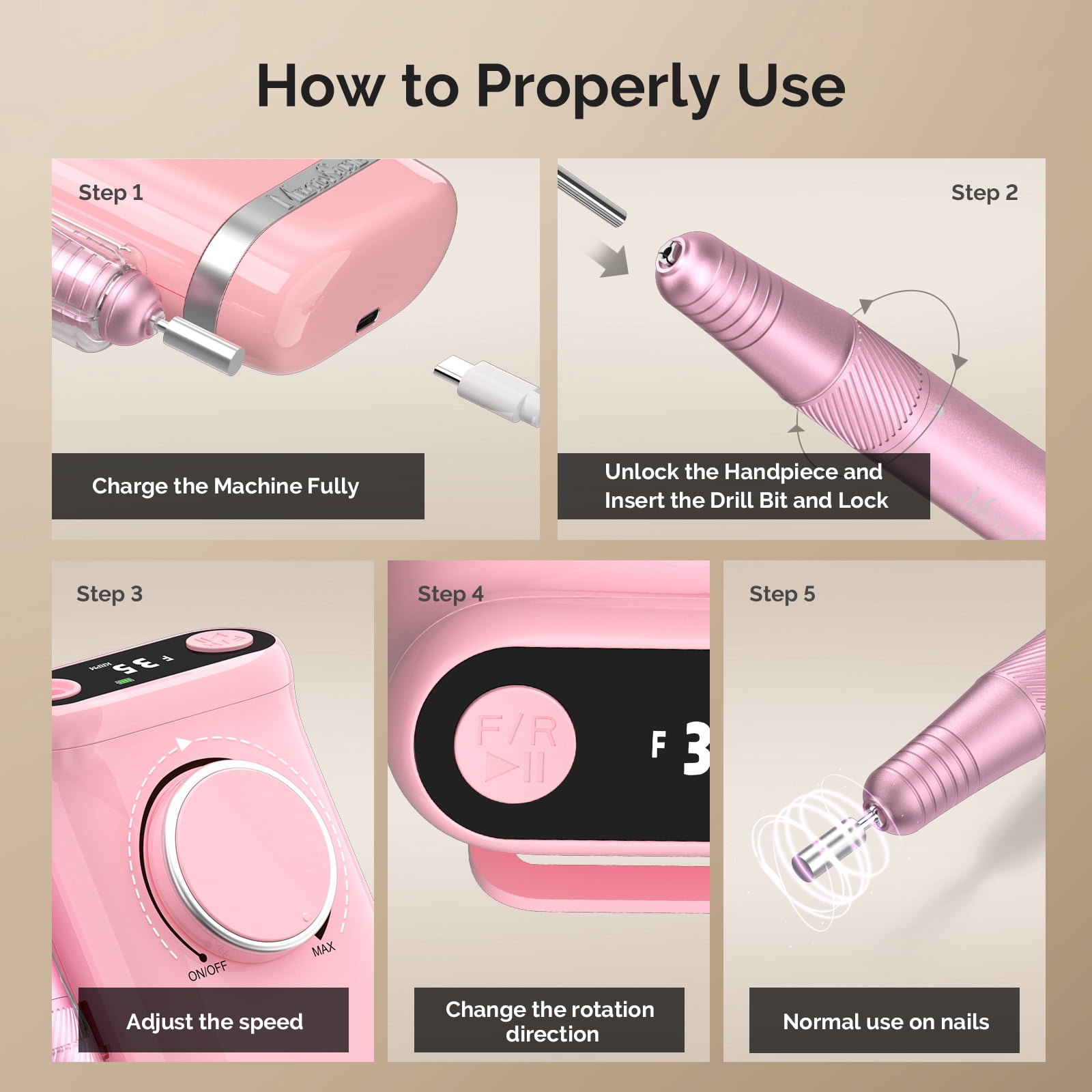 MelodySusie Upgraded Clip-On Cordless 2-in-1 Nail Drill with Tilted Display Design, SM320GW 35000RPM High-Efficiency E-File, Pink