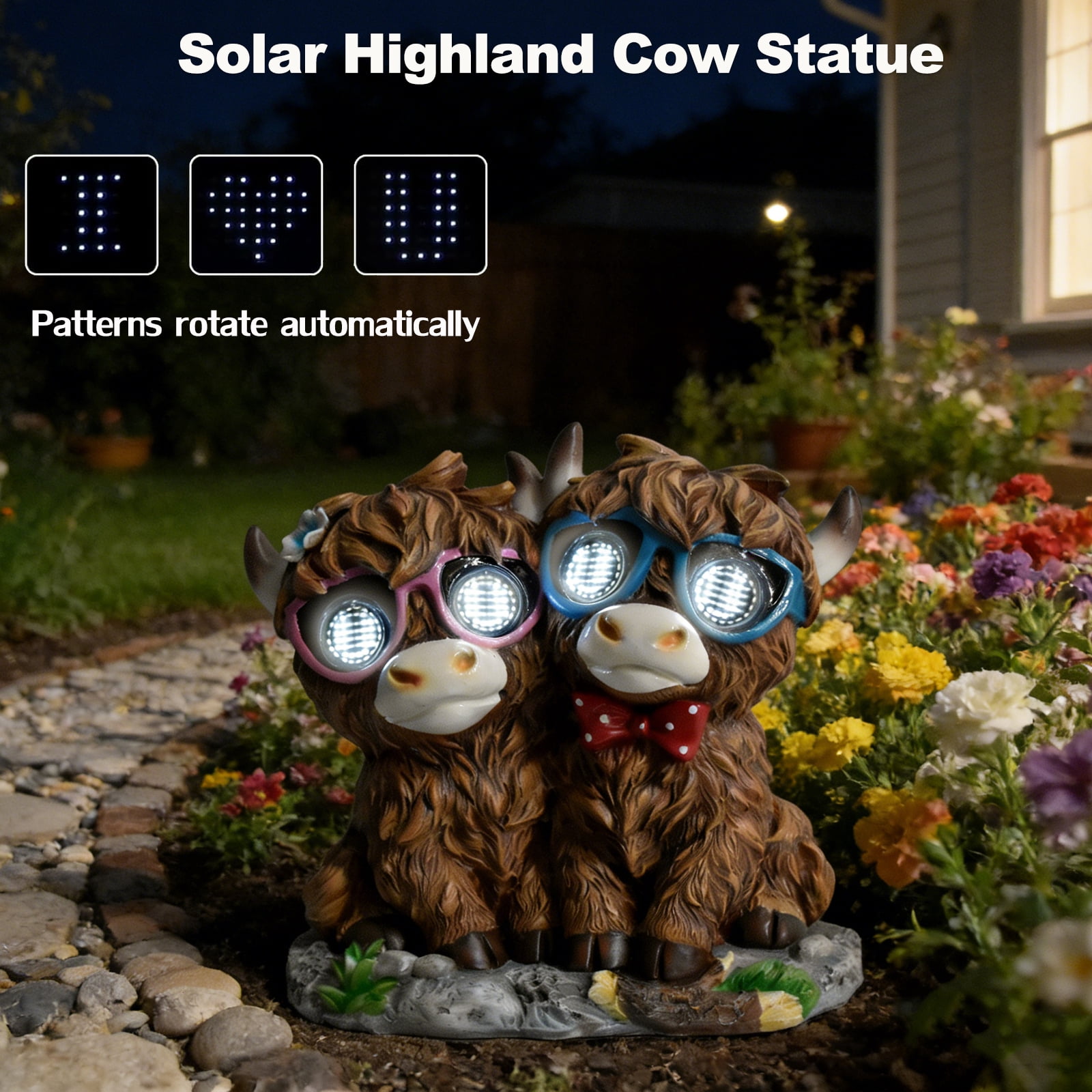 Solar Garden Highland Cow Decor Outdoor, Couple Highland Cow Statues with Dynamic LED Lights, Resin Highland Cow Figurine Lights for Garden Patio Lawn Yard Decor, Unique Birthday Gifts for Women Mom