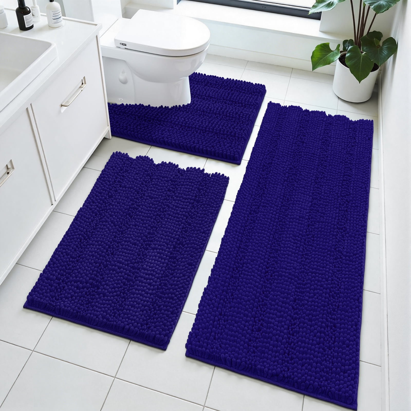 Ileading Ultra Soft Bathroom Rug Set 3 Pieces, Non Slip Thick Chenille Striped Bath Mat, Absorbent Plush Shaggy Bath Rugs for Bathroom, Blue