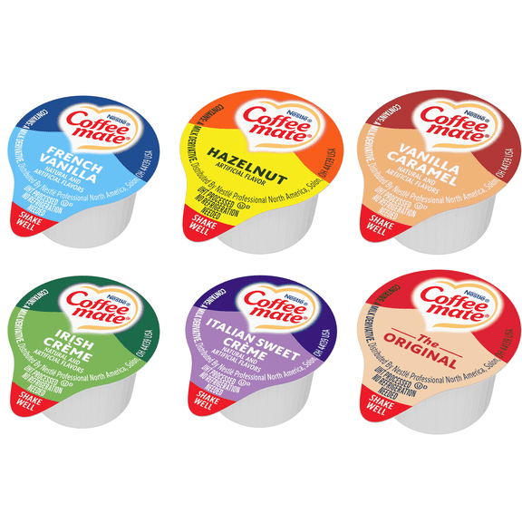 Nestle Coffee mate  Liquid Creamer Singles Variety Pack, Original, French Vanilla, Hazelnut, Irish Crème, Italian Sweet Crème, Vanilla Caramel, 6 Flavors x 30 ct, 180/Box
