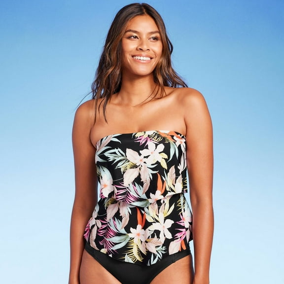 Kona Sol Tankini Top Women's Small Black Tropical Print Tiered Bandeau Stretch