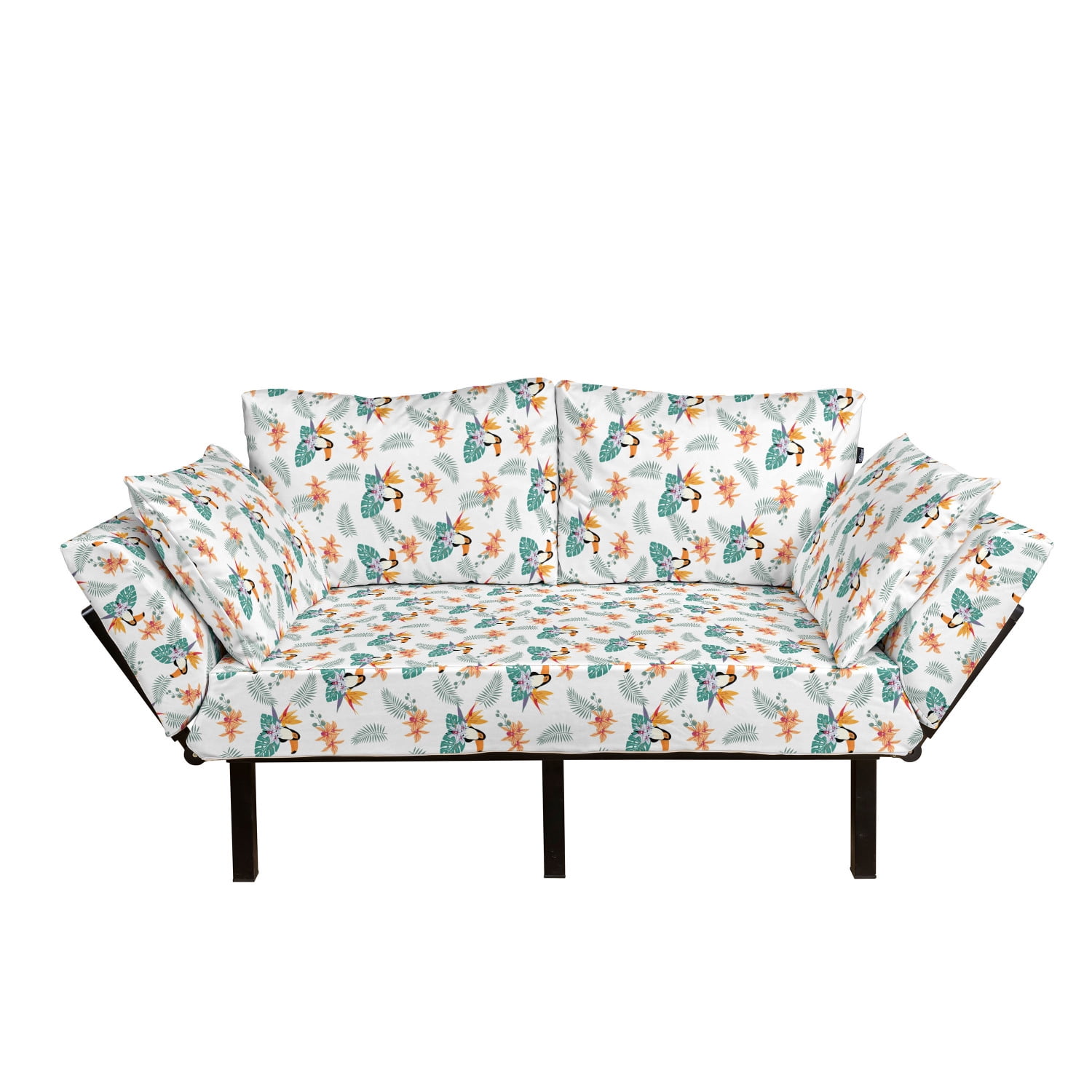 Birds Futon Couch, Foxwood and Orchid Flowers with Palm Leaves Tropical