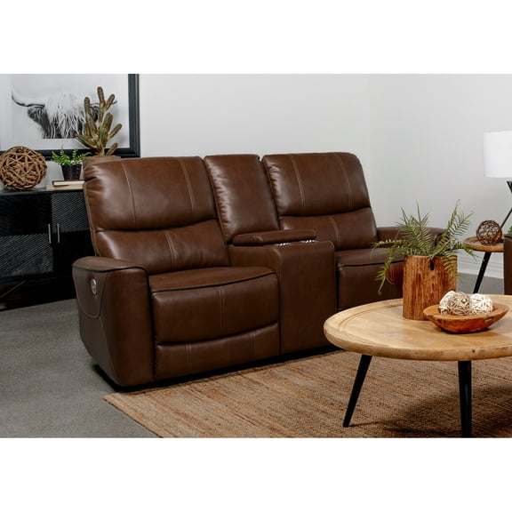 Denson Saddle Brown Upholstered Power Adjustable Loveseat | Power adjustable seating with USB port, storage console, and easy-care leatherette upholstery